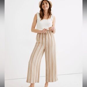 Madewell Linen Blend Smocked Huston Pull-On Crop Pants in Stripe XS